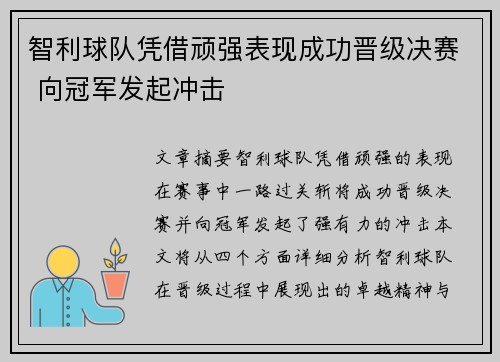智利球队凭借顽强表现成功晋级决赛 向冠军发起冲击