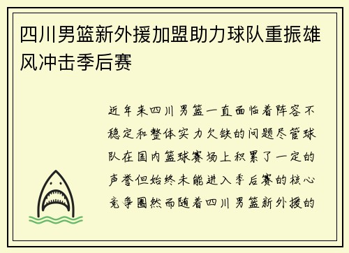 四川男篮新外援加盟助力球队重振雄风冲击季后赛