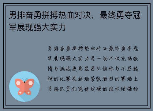 男排奋勇拼搏热血对决，最终勇夺冠军展现强大实力