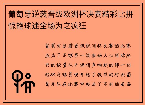 葡萄牙逆袭晋级欧洲杯决赛精彩比拼惊艳球迷全场为之疯狂