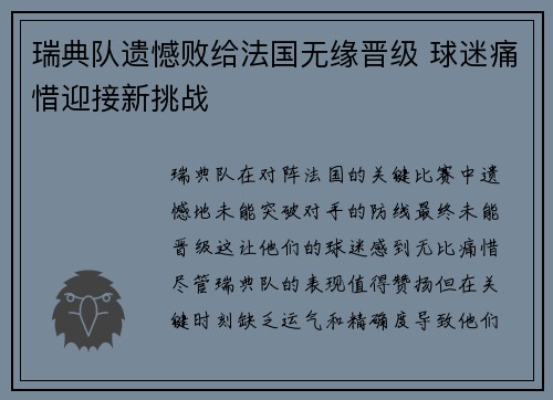瑞典队遗憾败给法国无缘晋级 球迷痛惜迎接新挑战